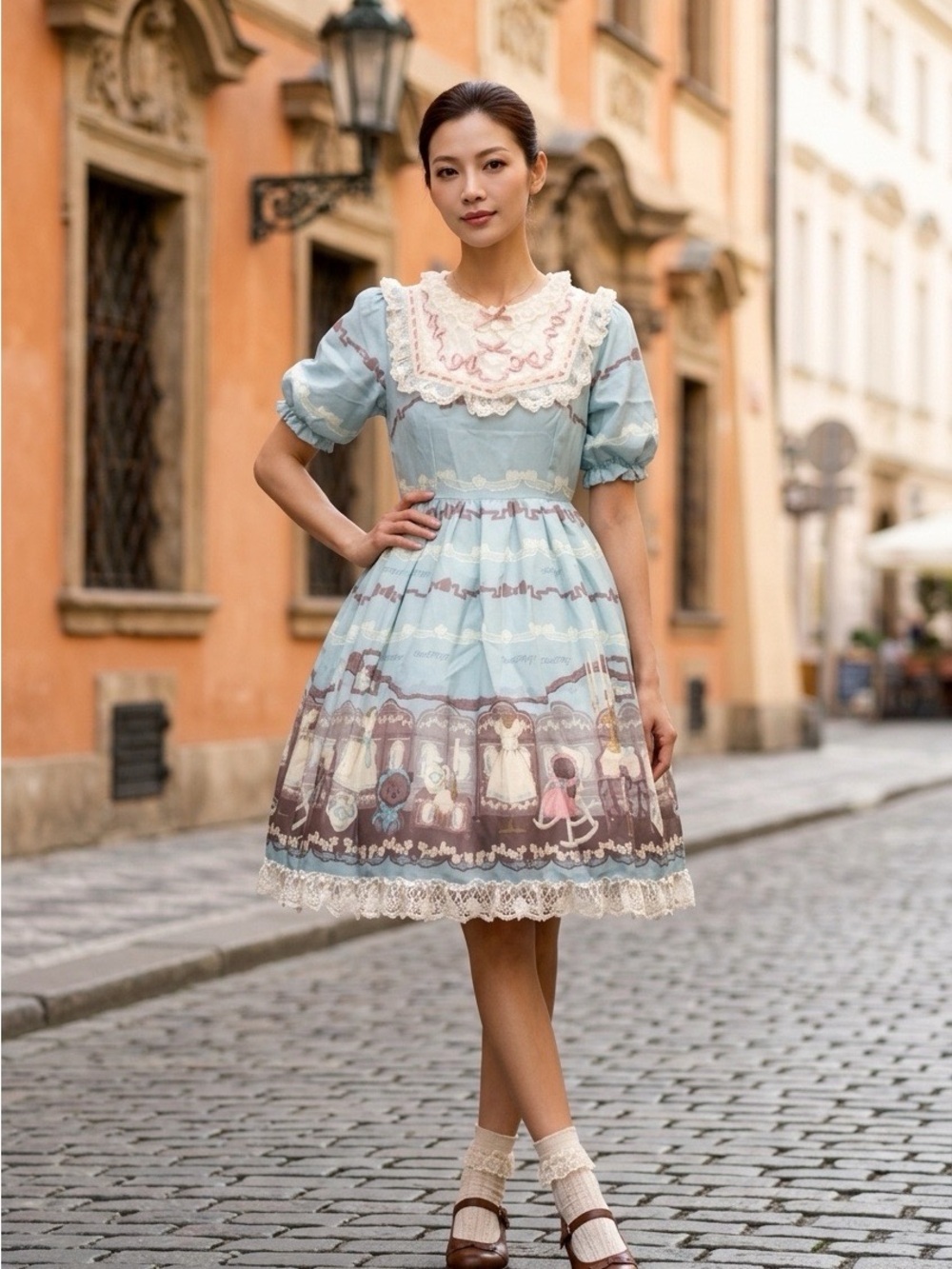 2174 - Pastel Blue Vintage-Style Lace Collar Tea Dress (Crinoline Not included).